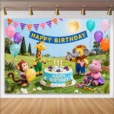 Celebrate Cartoon Animal Birthday Backdrop with Colorful Balloons and Cake, Joyful Party Decoration for Kids Celebration