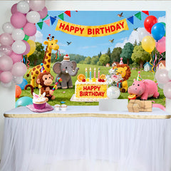 Lofaris Cute Animal Birthday Backdrop with Happy Birthday Banner, Colorful Balloons Jungle Safari Party Decor for Kids