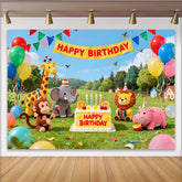 Lofaris Cute Animal Birthday Backdrop with Happy Birthday Banner, Colorful Balloons Jungle Safari Party Decor for Kids