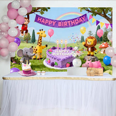 Lofaris Cute Cartoon Animal Birthday Backdrop with Jungle Friends and Purple Cake, Happy Party Decor for Kids Photoshoot