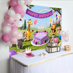 Lofaris Cute Cartoon Animal Birthday Backdrop with Jungle Friends and Purple Cake, Happy Party Decor for Kids Photoshoot