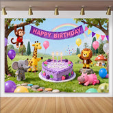 Lofaris Cute Cartoon Animal Birthday Backdrop with Jungle Friends and Purple Cake, Happy Party Decor for Kids Photoshoot