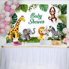 Lofaris Green Jungle Safari Baby Shower Backdrop with Cute Animals and Lush Foliage, White Background Photography Prop for Party Decor