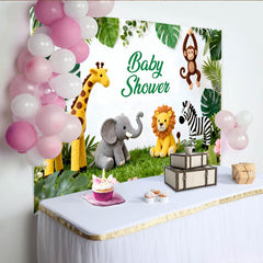 Lofaris Green Jungle Safari Baby Shower Backdrop with Cute Animals and Lush Foliage, White Background Photography Prop for Party Decor