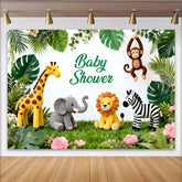 Lofaris Green Jungle Safari Baby Shower Backdrop with Cute Animals and Lush Foliage, White Background Photography Prop for Party Decor