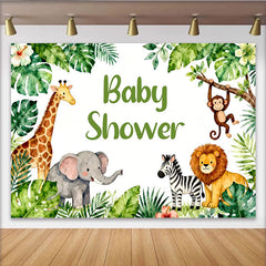 Lofaris Cute Safari Baby Shower Backdrop with Jungle Animals and Green Leaves, Wild One Party Background for Photoshoot