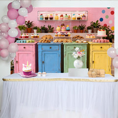 Lofaris Bunter Shabby Chic Desserttisch-Hintergrund, für Geburtstagsfeiern und Babypartys, mit Cupcakes und Makronen