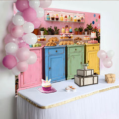 Lofaris Bunter Shabby Chic Desserttisch-Hintergrund, für Geburtstagsfeiern und Babypartys, mit Cupcakes und Makronen