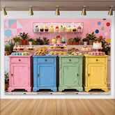 Lofaris Vibrant Pastel Sweet Shop Birthday Backdrop, Colorful Desserts, Vintage Cabinets Photo Background for Party Decor