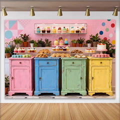 Lofaris Bunter Shabby Chic Desserttisch-Hintergrund, für Geburtstagsfeiern und Babypartys, mit Cupcakes und Makronen