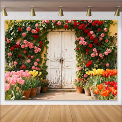 Lofaris Rustikaler Garten-Fotohintergrund mit Rosen und Tulpen, für Frühlings- und Sommerpartys, romantische Kulisse
