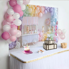 Lofaris Pastel Rainbow Candy Shop Birthday Backdrop with Balloons and Sweet Desserts, Festive Party Decor for Photography