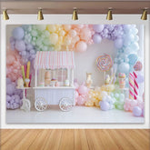 Lofaris Pastel Rainbow Candy Shop Birthday Backdrop with Balloons and Sweet Desserts, Festive Party Decor for Photography