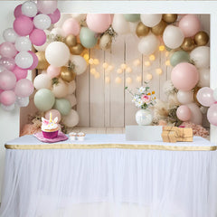 Lofaris Pastel Floral Balloon Baby Shower Backdrop with White Wood and String Lights, Elegant Party Decor for Photoshoot