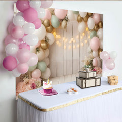 Lofaris Pastel Floral Balloon Baby Shower Backdrop with White Wood and String Lights, Elegant Party Decor for Photoshoot