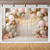 Lofaris Pastel Floral Balloon Baby Shower Backdrop with White Wood and String Lights, Elegant Party Decor for Photoshoot