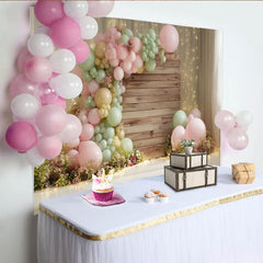 Lofaris Pastel Pink and Green Balloon Garland Boho Baby Shower Backdrop with Rustic Wood, Elegant Photography Background for Party Decor
