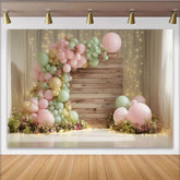 Lofaris Pastel Pink and Green Balloon Garland Boho Baby Shower Backdrop with Rustic Wood, Elegant Photography Background for Party Decor