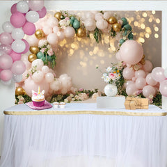 Lofaris Pink Gold Floral Balloon Photography Backdrop with Bokeh Lights, Elegant Party Decor for Studio Photoshoot