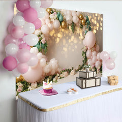 Lofaris Pink Gold Floral Balloon Photography Backdrop with Bokeh Lights, Elegant Party Decor for Studio Photoshoot