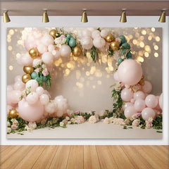 Lofaris Pink Gold Floral Balloon Photography Backdrop with Bokeh Lights, Elegant Party Decor for Studio Photoshoot