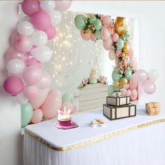 Lofaris Elegant Pink and Mint Green Balloon Birthday Backdrop with Gold Accents, Floral String Lights Photo Background for Baby Girl Party