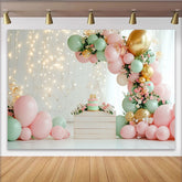 Lofaris Elegant Pink and Mint Green Balloon Birthday Backdrop with Gold Accents, Floral String Lights Photo Background for Baby Girl Party