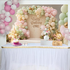 Lofaris Pastel Pink Green 1st Birthday Backdrop with Balloons and Flowers, Elegant Wood Texture Background for Baby Girl Party Decor