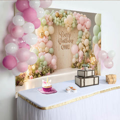 Lofaris Pastel Pink Green 1st Birthday Backdrop with Balloons and Flowers, Elegant Wood Texture Background for Baby Girl Party Decor
