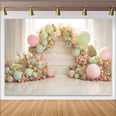 Lofaris Pastel Balloon Floral Arch Birthday Backdrop, Wooden Wall Photography Background for Baby Shower Party Decor