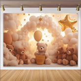 Lofaris Dreamy Teddy Bear Baby Shower Backdrop with Balloons and Stars, Soft Cloud Background for Newborn Photography and Party Decor