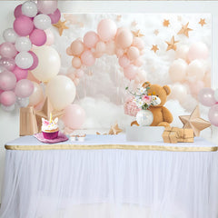 Lofaris Pink and Cream Teddy Bear Baby Shower Backdrop with Balloons and Stars, Dreamy Cloud Photography Background for Newborn Photoshoot