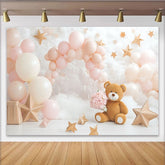 Lofaris Pink and Cream Teddy Bear Baby Shower Backdrop with Balloons and Stars, Dreamy Cloud Photography Background for Newborn Photoshoot
