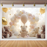Lofaris Cute Teddy Bear Baby Shower Backdrop with Cloud Balloons and Golden Stars, Dreamy Photography Background for Newborn Party