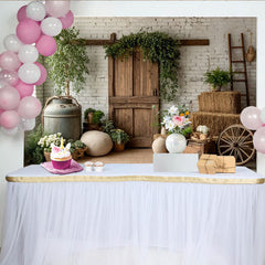 Lofaris Rustic Farmhouse Photography Backdrop with White Brick Wall and Wooden Barn Door, Natural Studio Background for Portrait Photoshoot