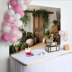 Lofaris Rustic Farmhouse Photography Backdrop with White Brick Wall and Wooden Barn Door, Natural Studio Background for Portrait Photoshoot