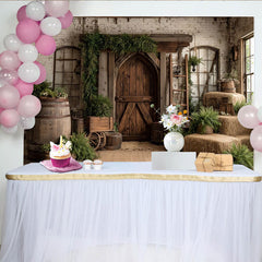 Lofaris Rustic Barn Wooden Door Photography Backdrop with White Brick Wall, Hay Bales and Greenery Studio Background for Farmhouse Portrait