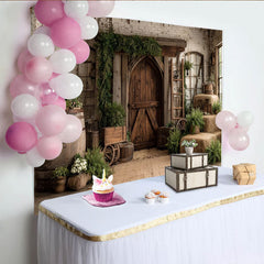 Lofaris Rustic Barn Wooden Door Photography Backdrop with White Brick Wall, Hay Bales and Greenery Studio Background for Farmhouse Portrait