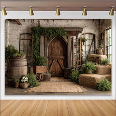 Lofaris Rustic Barn Wooden Door Photography Backdrop with White Brick Wall, Hay Bales and Greenery Studio Background for Farmhouse Portrait