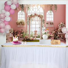 Lofaris Pink Floral Wedding Backdrop with Arched Windows and Lush Roses, Elegant Garden Party Decor for Engagement Photoshoot