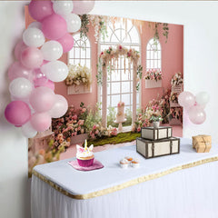 Lofaris Pink Floral Wedding Backdrop with Arched Windows and Lush Roses, Elegant Garden Party Decor for Engagement Photoshoot