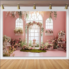 Lofaris Pink Floral Wedding Backdrop with Arched Windows and Lush Roses, Elegant Garden Party Decor for Engagement Photoshoot