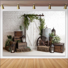 Lofaris Rustic Farmhouse Photography Backdrop with White Brick Wall and Barn Door, Vintage Studio Background for Portrait Photoshoot