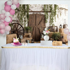 Lofaris Rustic Barn Photography Backdrop with Wooden Doors and White Brick Wall, Charming Farmhouse Background for Studio Photoshoots