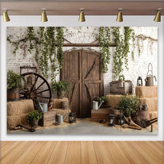 Lofaris Rustic Barn Photography Backdrop with Wooden Doors and White Brick Wall, Charming Farmhouse Background for Studio Photoshoots