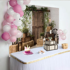 Lofaris Rustic Barn Door Photography Backdrop with White Brick Wall, Farmhouse Style Background for Studio Photoshoot