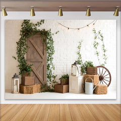 Lofaris Rustic Farmhouse Photography Backdrop with White Brick Wall, Wooden Door and Green Ivy, Hay Bales Background for Studio Photos