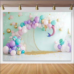 Lofaris Pastel Mermaid Birthday Backdrop with Balloons and Fishing Net, Under the Sea Party Background for Girls