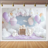 Lofaris Pastel Hot Air Balloon Baby Shower Backdrop with Clouds and Stars, Dreamy Photography Background for Newborn or Kids Party