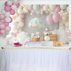 Lofaris Pastel Teddy Bear Hot Air Balloon Baby Shower Backdrop with Clouds and Stars, Dreamy Photography Background for Newborns